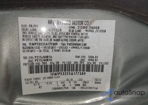 2005 Ford Taurus Se from USA, damaged, VIN 1FAFP53255A177389